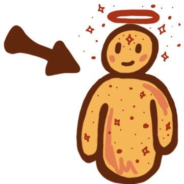 a yellow figure with an arrow pointing at it from the left. Above the figure is a halo surrounded by stars, there are also stars across its body.